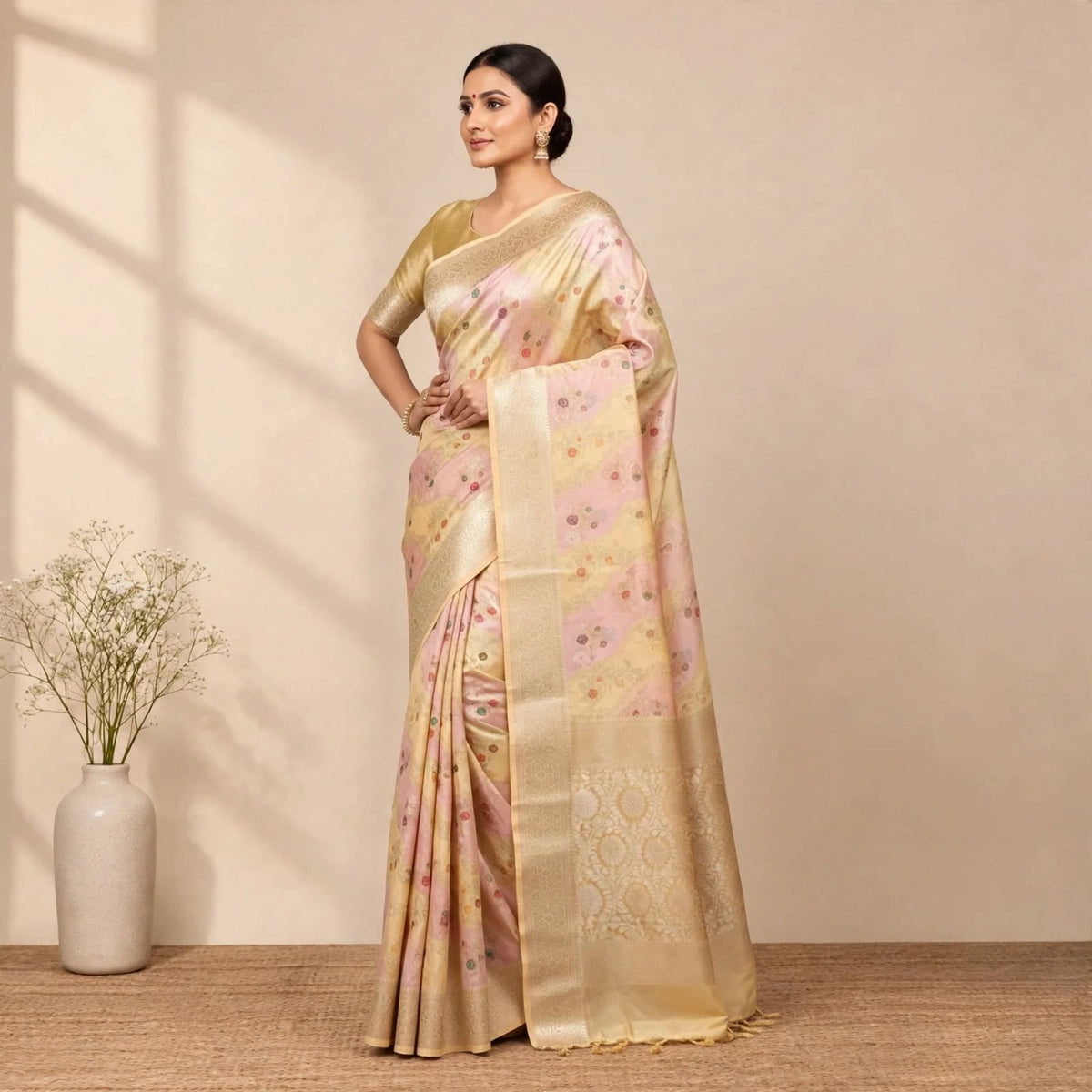 Hand Painted Yellow Cream and Light pink Soft Organza Partywear Saree For Women