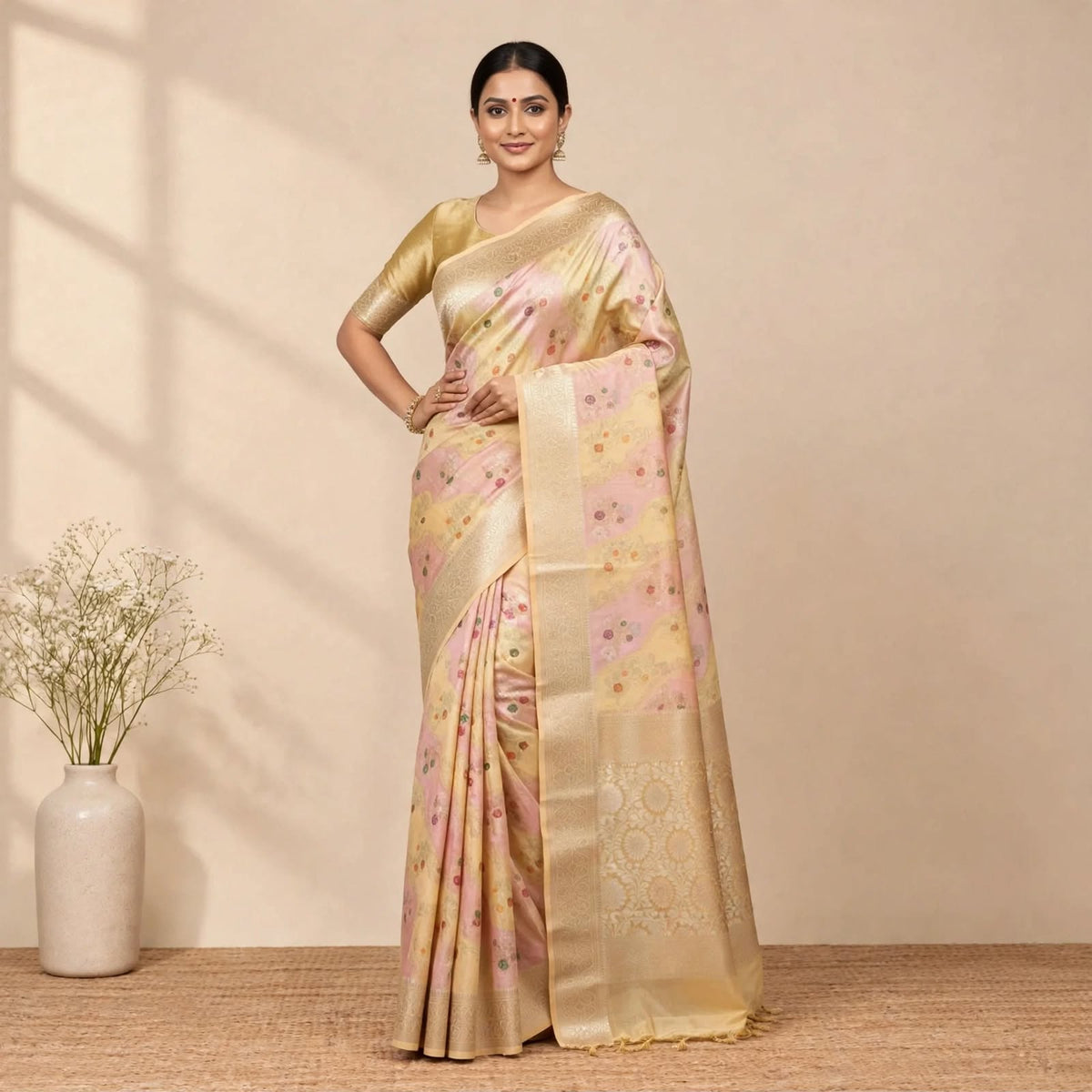 Hand Painted Yellow Cream and Light pink Soft Organza Partywear Saree For Women