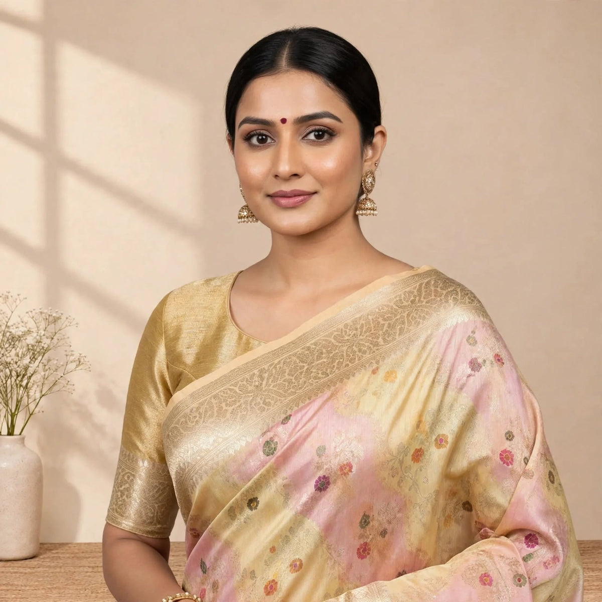 Hand Painted Yellow Cream and Light pink Soft Organza Partywear Saree For Women