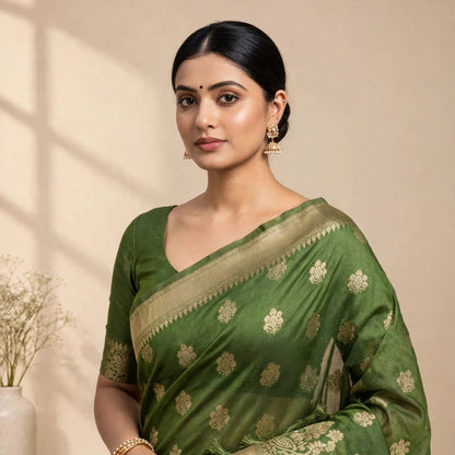Green PV Soft Organza Partywear Saree For Women
