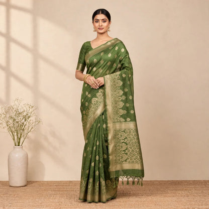 Green PV Soft Organza Partywear Saree For Women