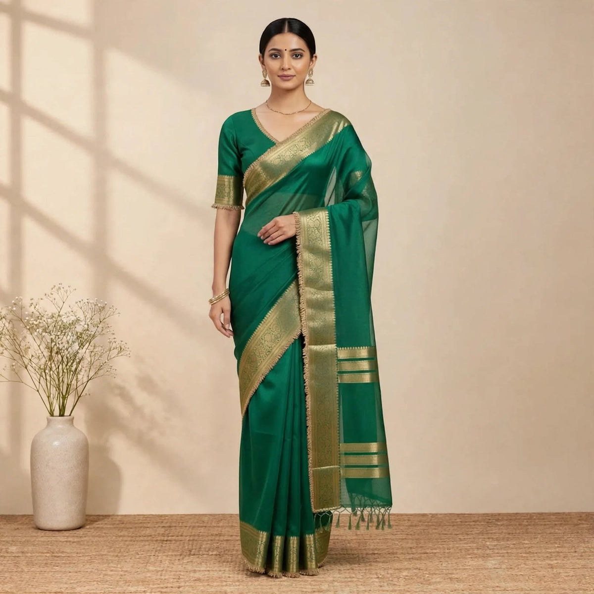 Green Banarsi Tissue Silk Partywear Saree For Women