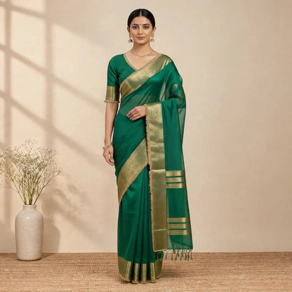 Green Banarsi Tissue Silk Partywear Saree For Women