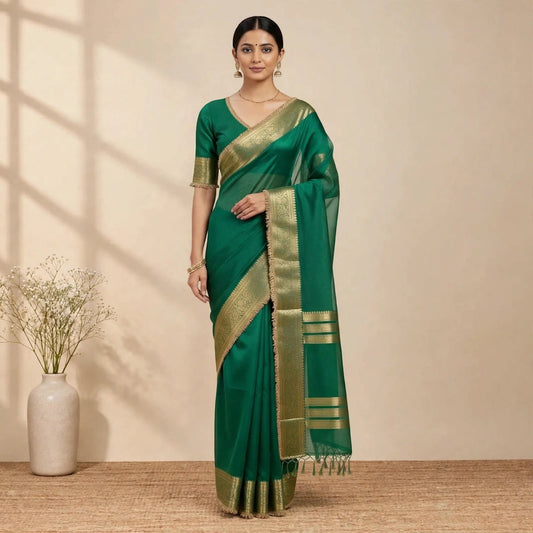 Green Banarsi Tissue Silk Partywear Saree For Women