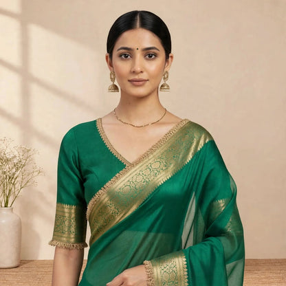 Green Banarsi Tissue Silk Partywear Saree For Women