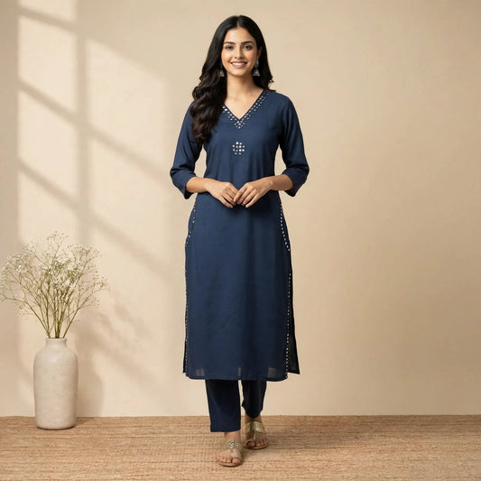 Navy Blue Cotton Partywear 2pc Suit Set For Women
