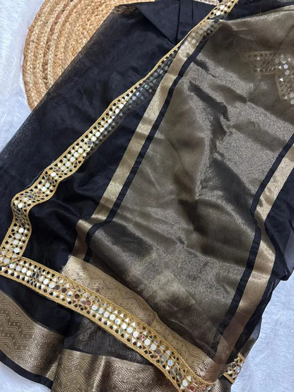 Black Soft Organza Partywear Saree For Women