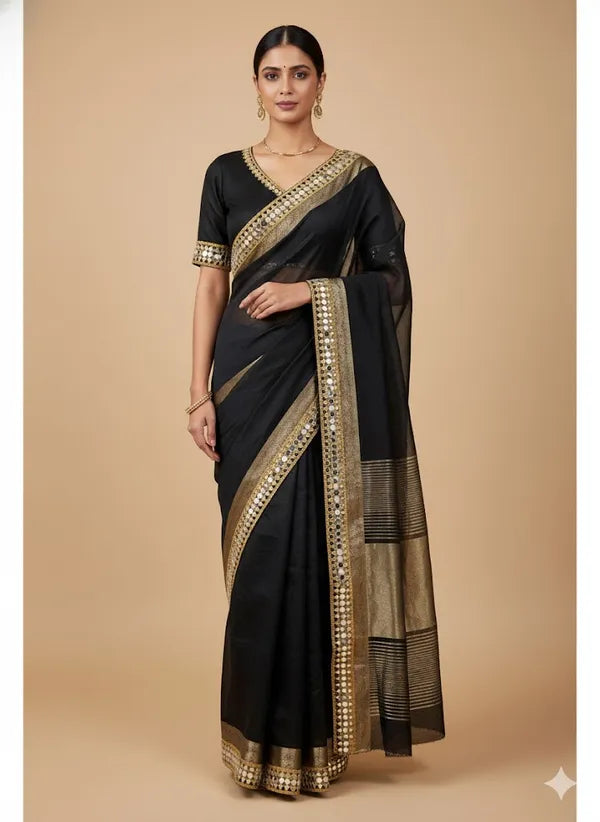 Black Soft Organza Partywear Saree For Women