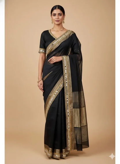 Black Soft Organza Partywear Saree For Women