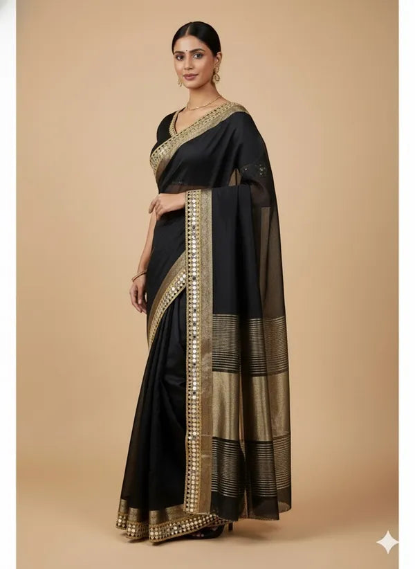 Black Soft Organza Partywear Saree For Women