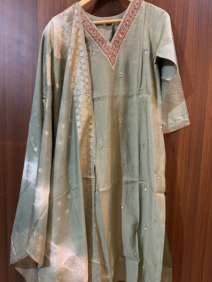 Light Green Roman Silk Partywear Suit Set For Women