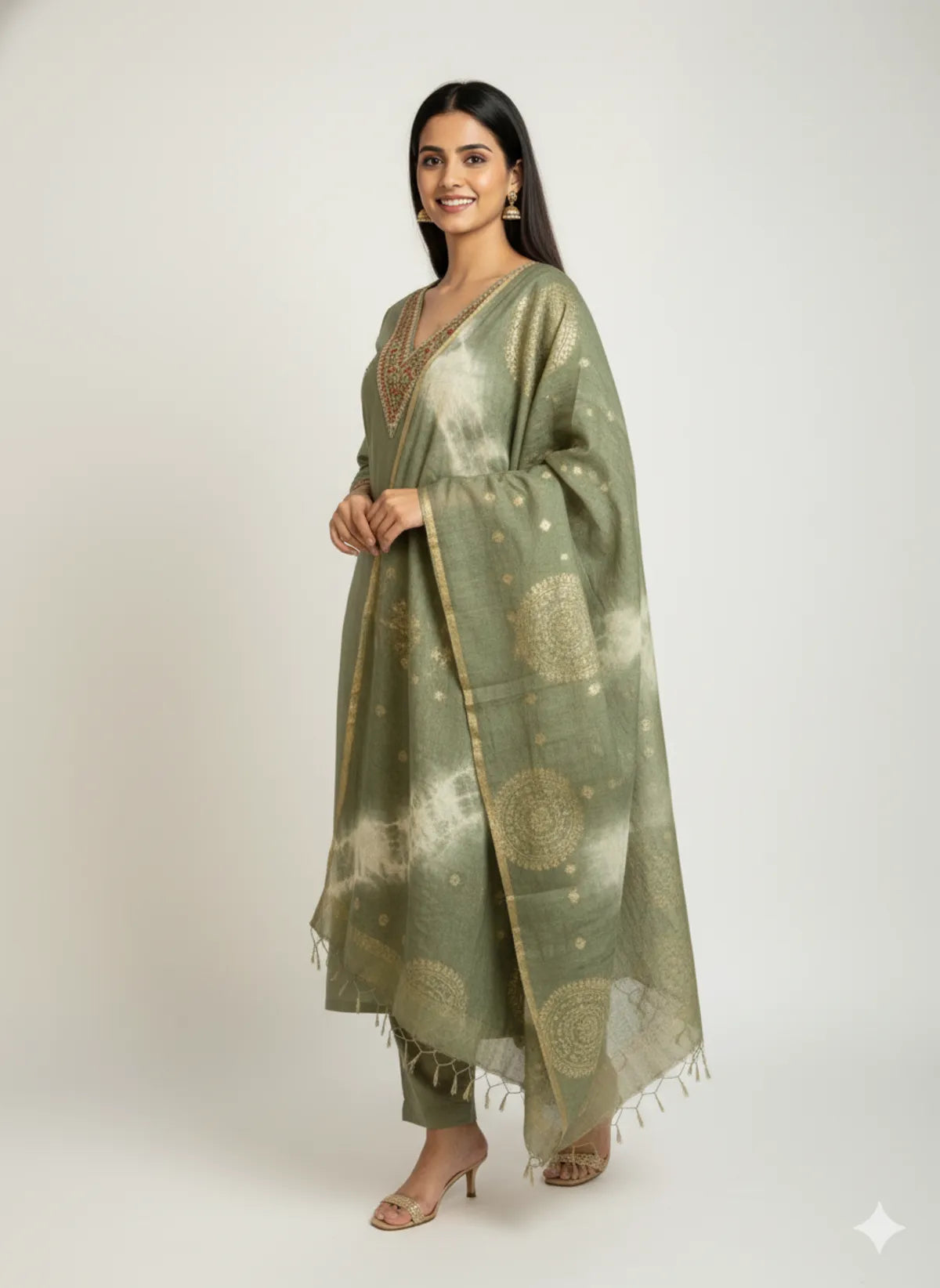 Light Green Roman Silk Partywear Suit Set For Women