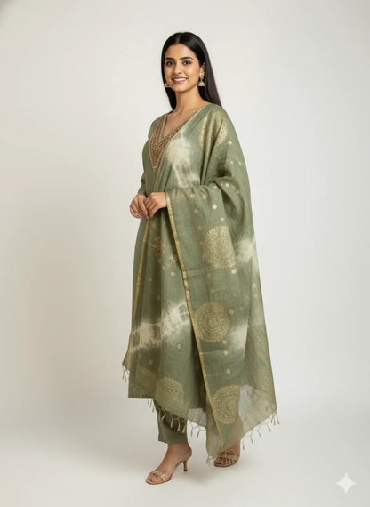 Light Green Roman Silk Partywear Suit Set For Women