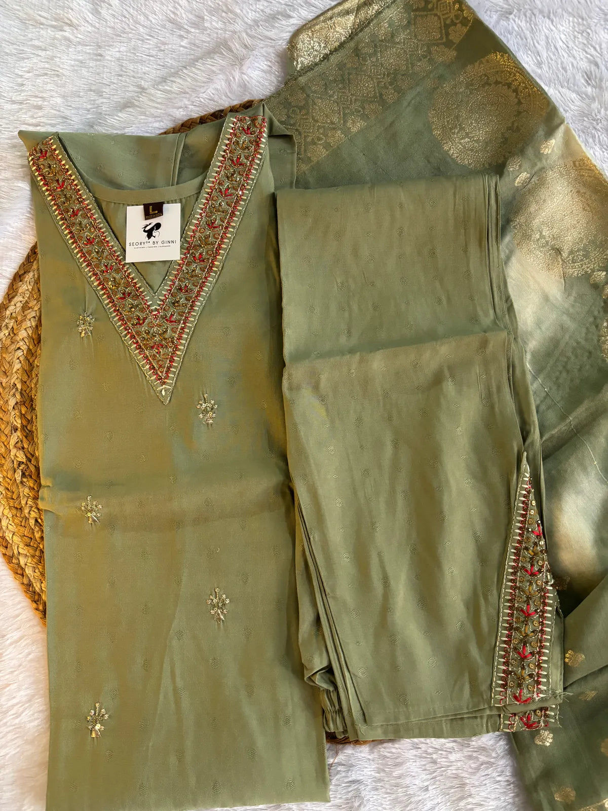 Light Green Roman Silk Partywear Suit Set For Women