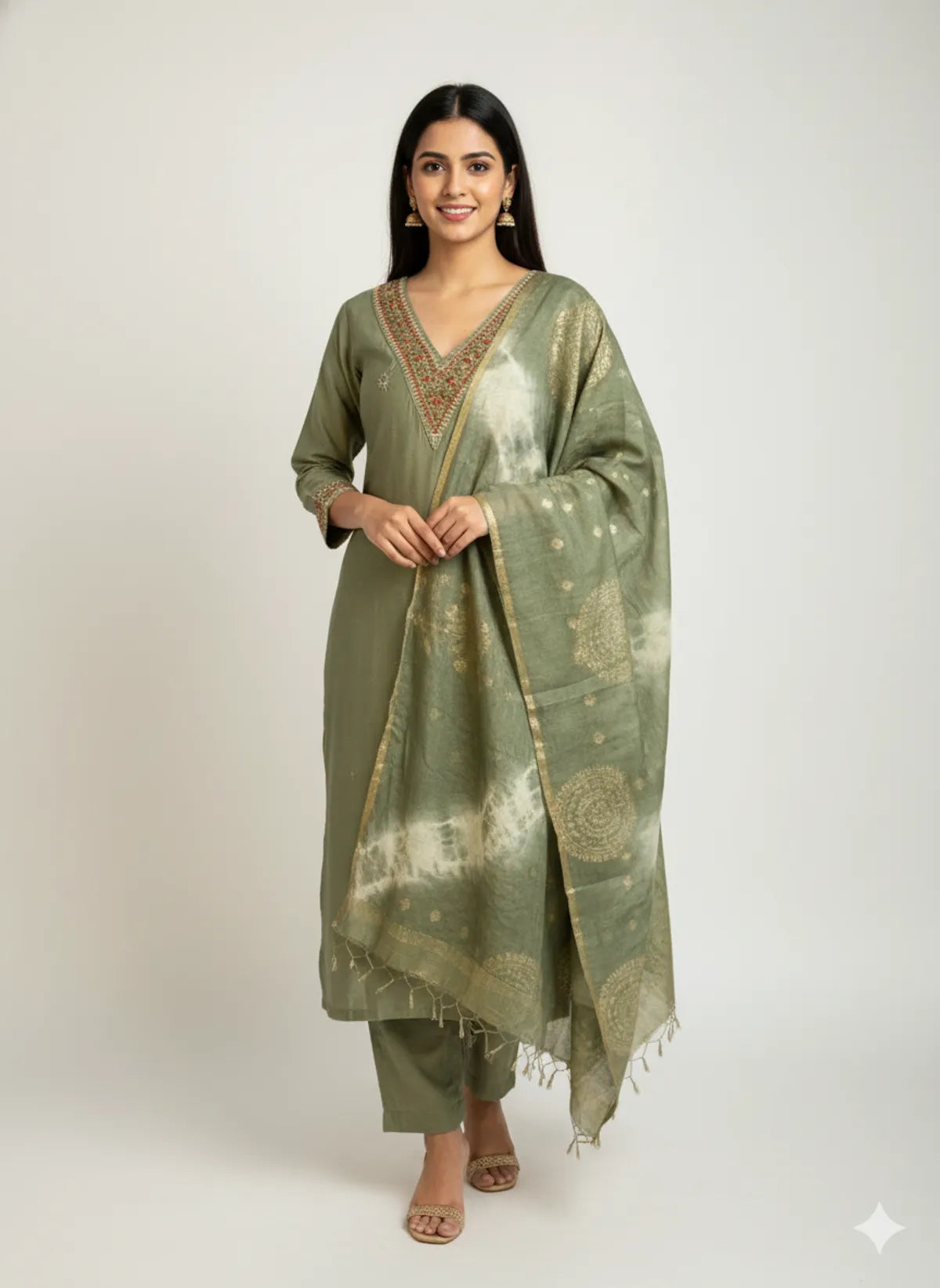 Light Green Roman Silk Partywear Suit Set For Women