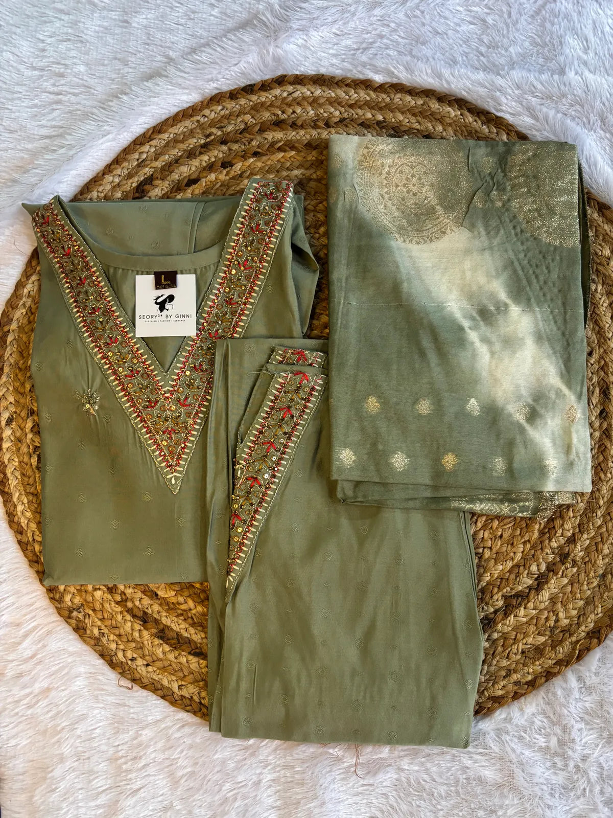 Light Green Roman Silk Partywear Suit Set For Women