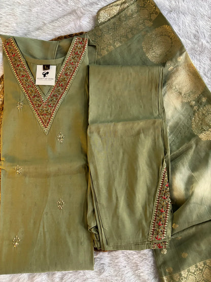 Light Green Roman Silk Partywear Suit Set For Women