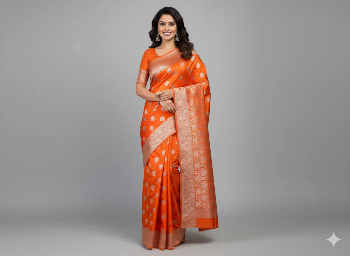Orange Katan Silk Partywear Saree For Women