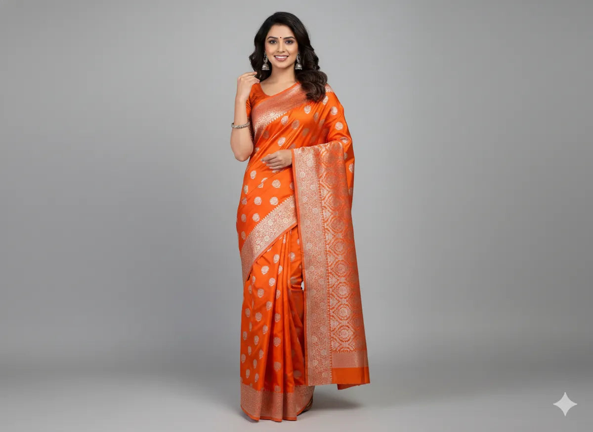 Orange Katan Silk Partywear Saree For Women