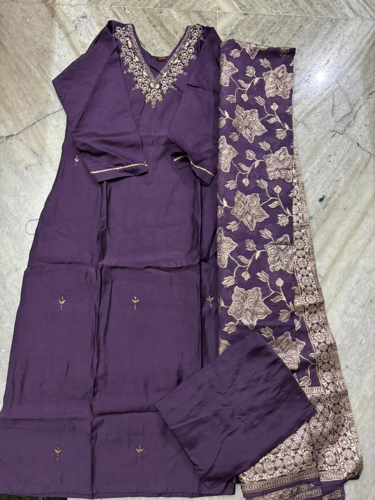 Purple Roman Silk Partywear 3pc Suit Set For Women