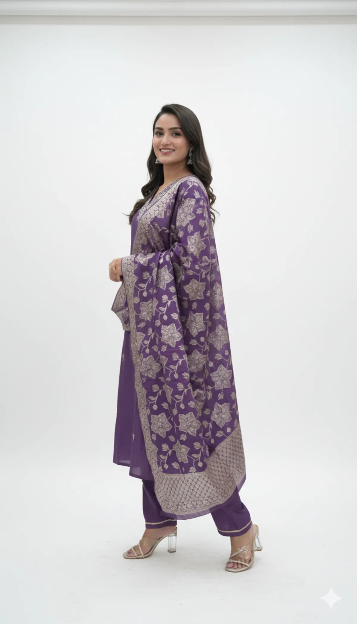 Purple Roman Silk Partywear 3pc Suit Set For Women