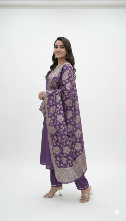 Purple Roman Silk Partywear 3pc Suit Set For Women