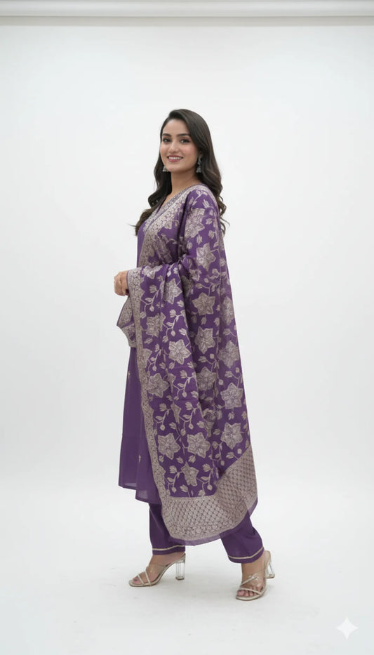 Purple Roman Silk Partywear 3pc Suit Set For Women