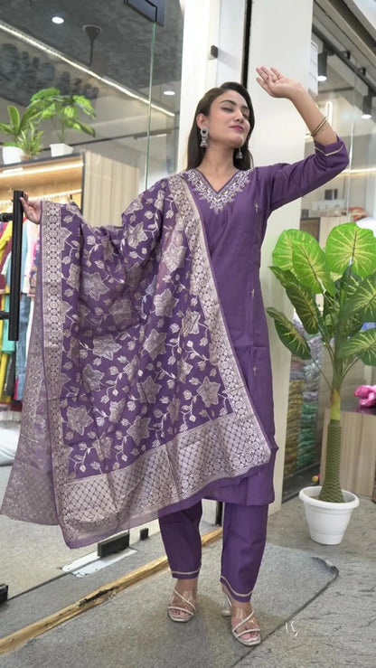 Purple Roman Silk Partywear 3pc Suit Set For Women