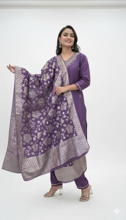 Purple Roman Silk Partywear 3pc Suit Set For Women