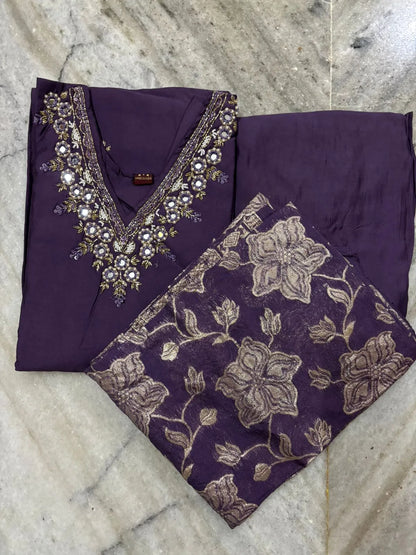 Purple Roman Silk Partywear 3pc Suit Set For Women