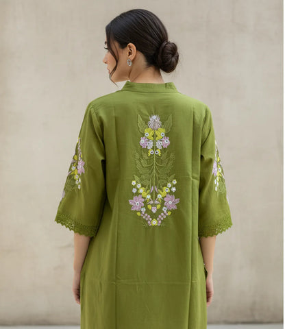 Green Cotton Partywear Coord Set For Women