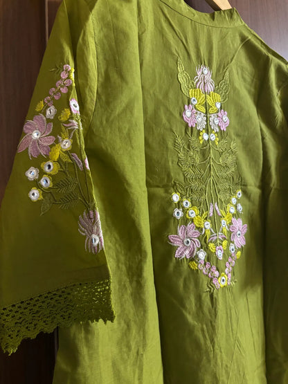 Green Cotton Partywear Coord Set For Women