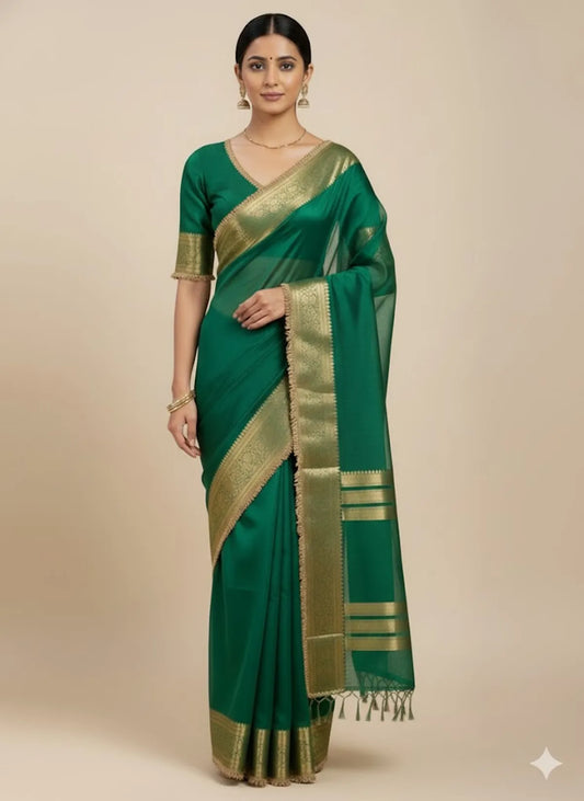 Green Banarsi Tissue Silk Partywear Saree For Women