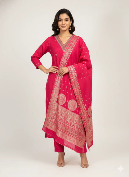 Pink Roman Silk Partywear Suit Set For Women