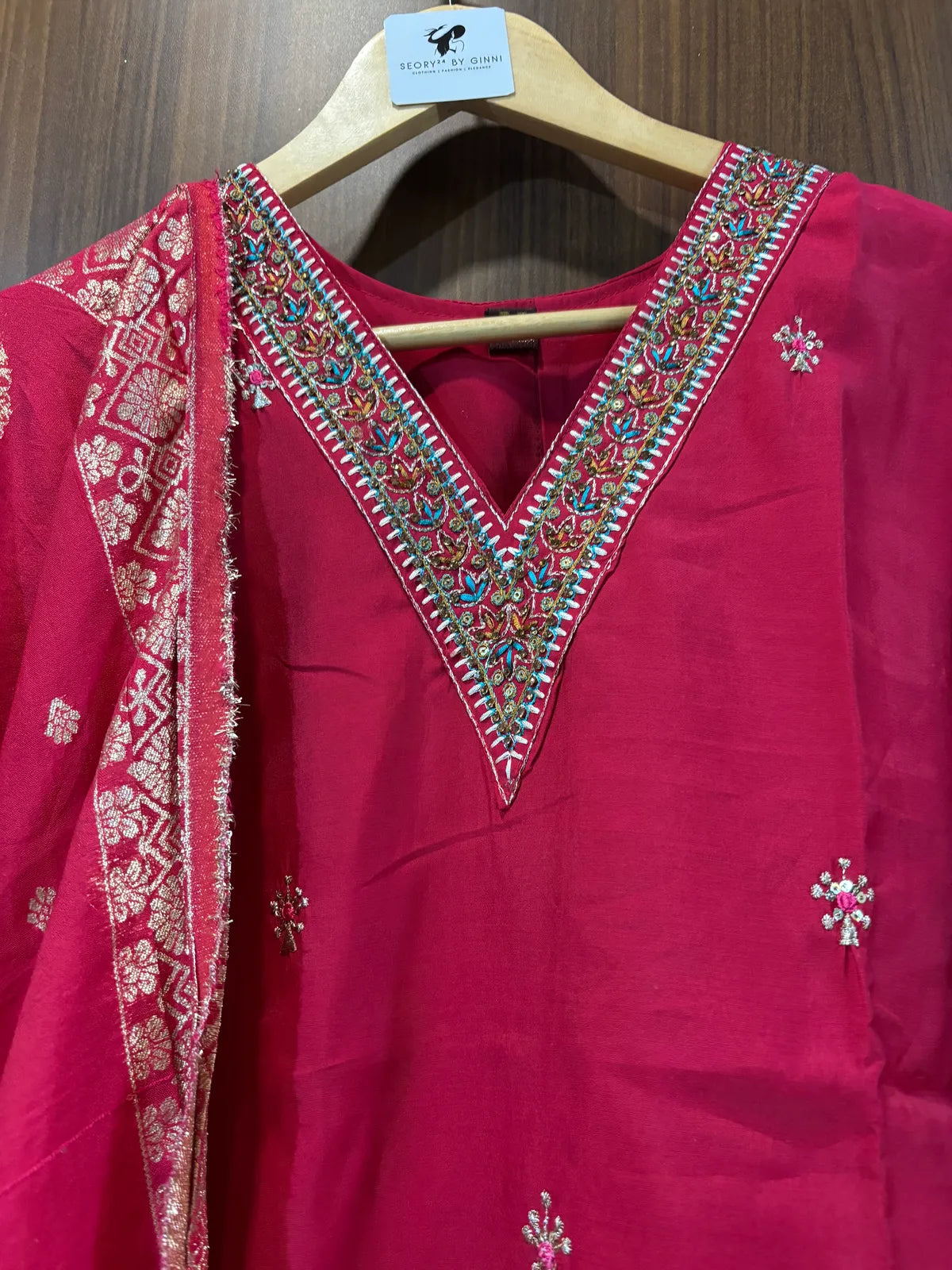 Pink Roman Silk Partywear Suit Set For Women