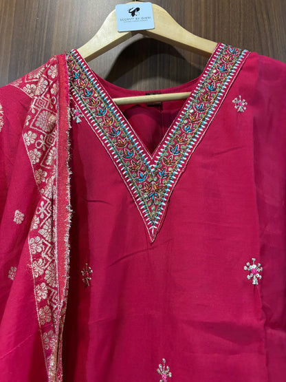 Pink Roman Silk Partywear Suit Set For Women