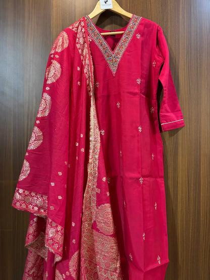 Pink Roman Silk Partywear Suit Set For Women