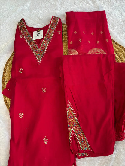 Pink Roman Silk Partywear Suit Set For Women