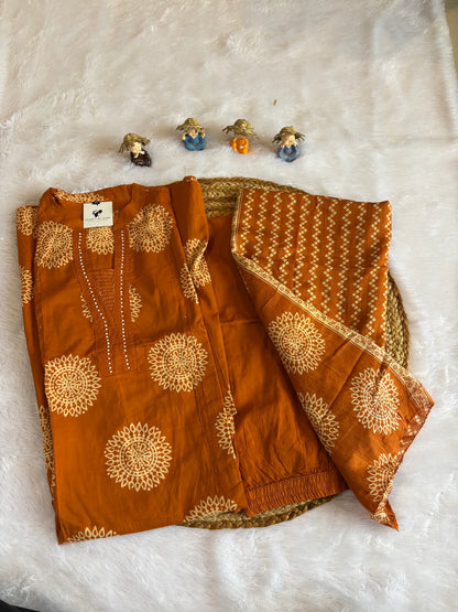 Rust Cotton Partywear Suit Set For Women