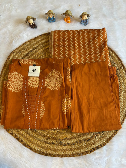 Rust Cotton Partywear Suit Set For Women