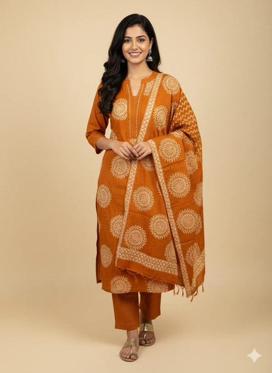 Rust Cotton Partywear Suit Set For Women