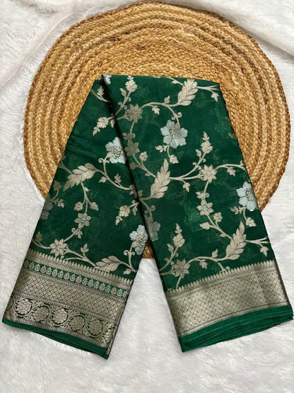 Green Soft Organza Partywear Saree For Women