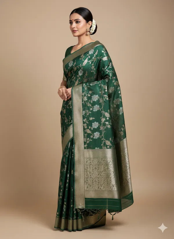 Green Soft Organza Partywear Saree For Women