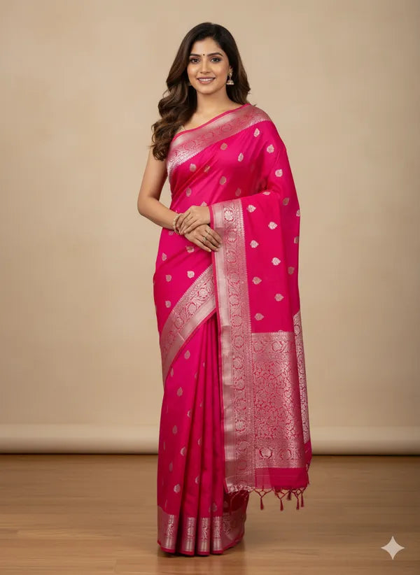 Pink Banarasi Cotton Silk Partywear Saree For Women