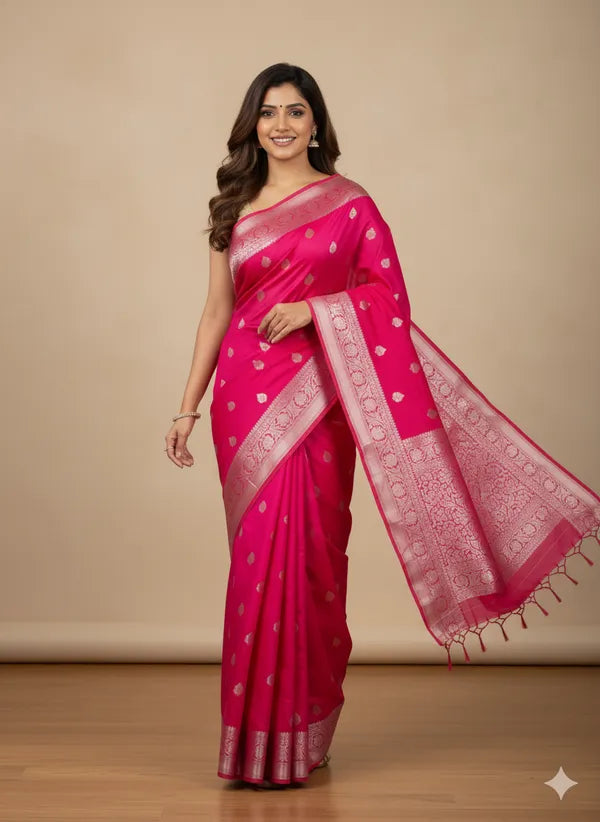 Pink Banarasi Cotton Silk Partywear Saree For Women